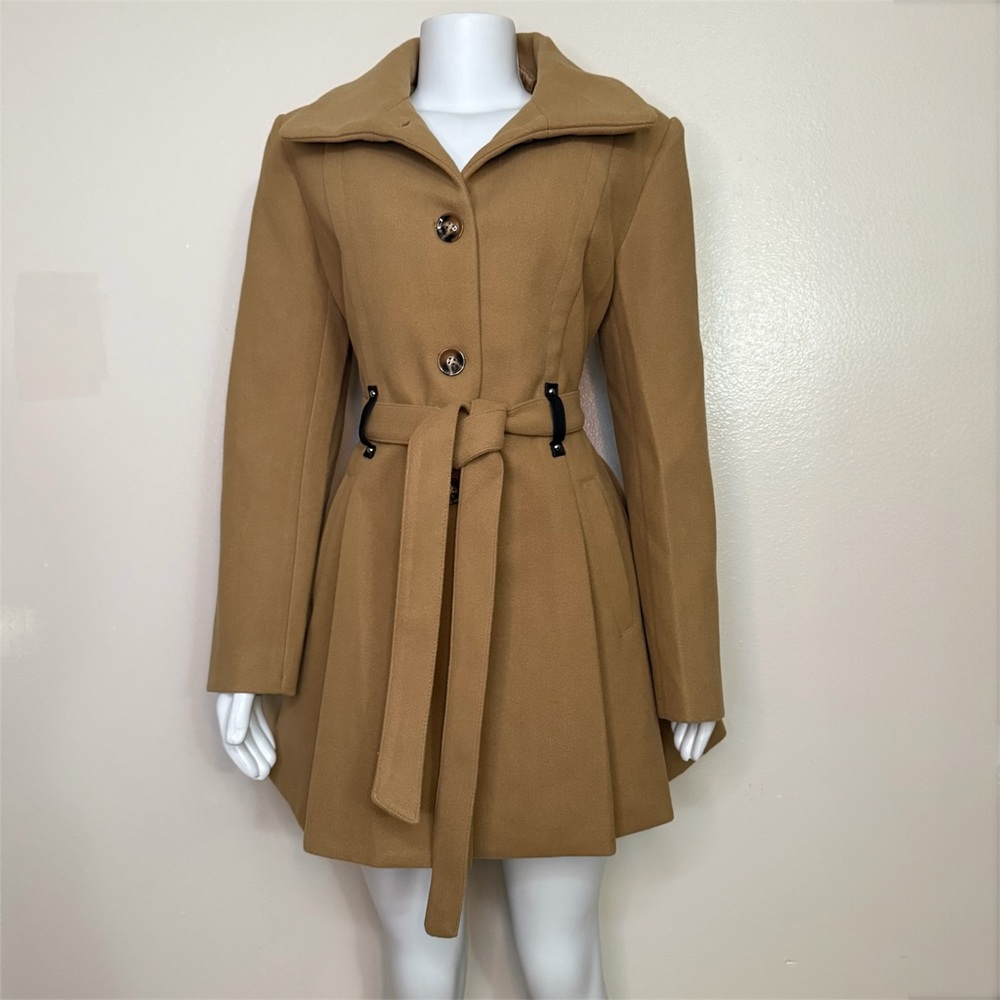 Khaki single breasted lapel collar A-line pleated flare belted pea coat